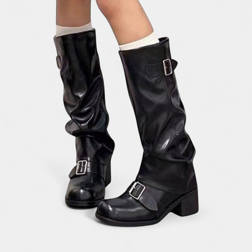 Women's Knee High Slouch Boots, Block Heel Buckle