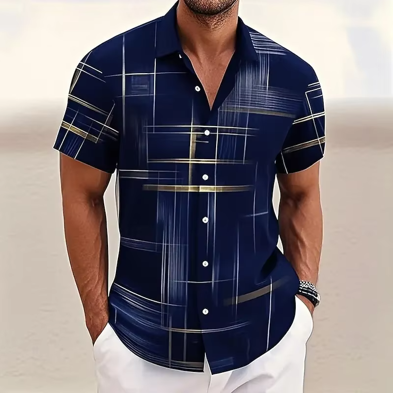 Short Sleeve Button Shirt with 3D Geometric Plaid Pattern and Polyester Blend