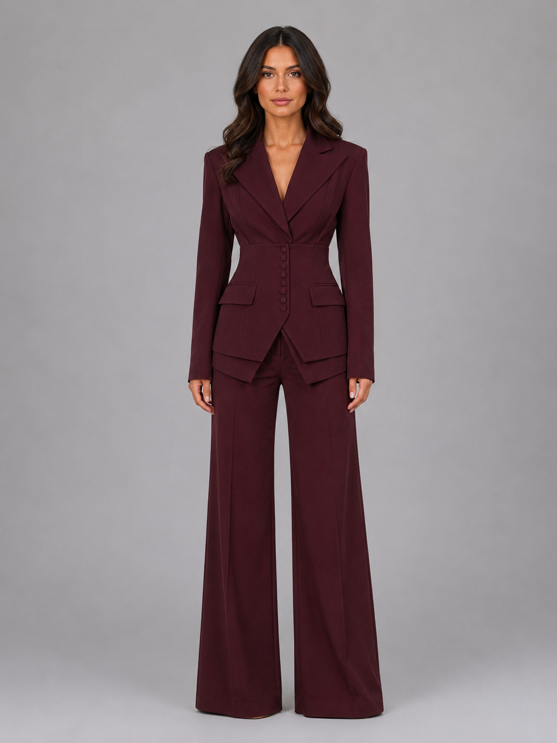 Women’s Tailored Two-Piece Suit – Cinched Waist & Wide-Leg Trousers