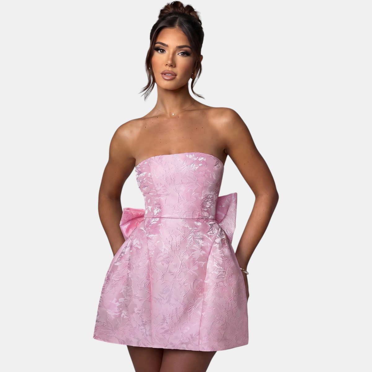 Women's Corset Strapless Floral Mini Homecoming Dress, Bow Back