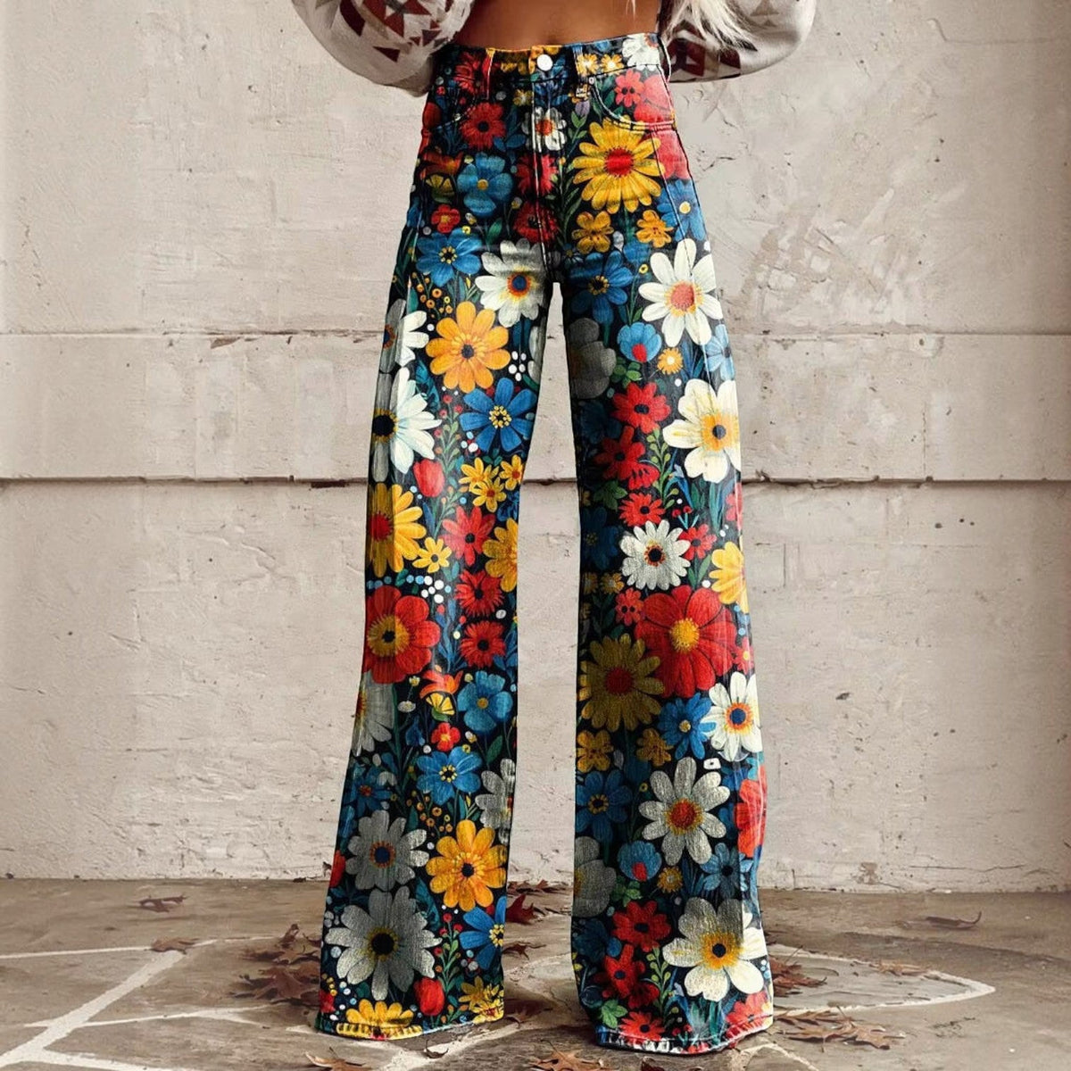 High Waisted Bell Bottom Pants with Floral Print and Stretch Fabric