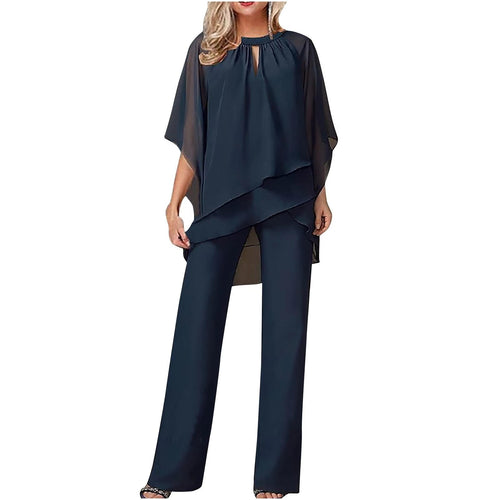 Womens Chiffon Pantsuit with Batwing Sleeves and Shimmer Details, Machine Washable