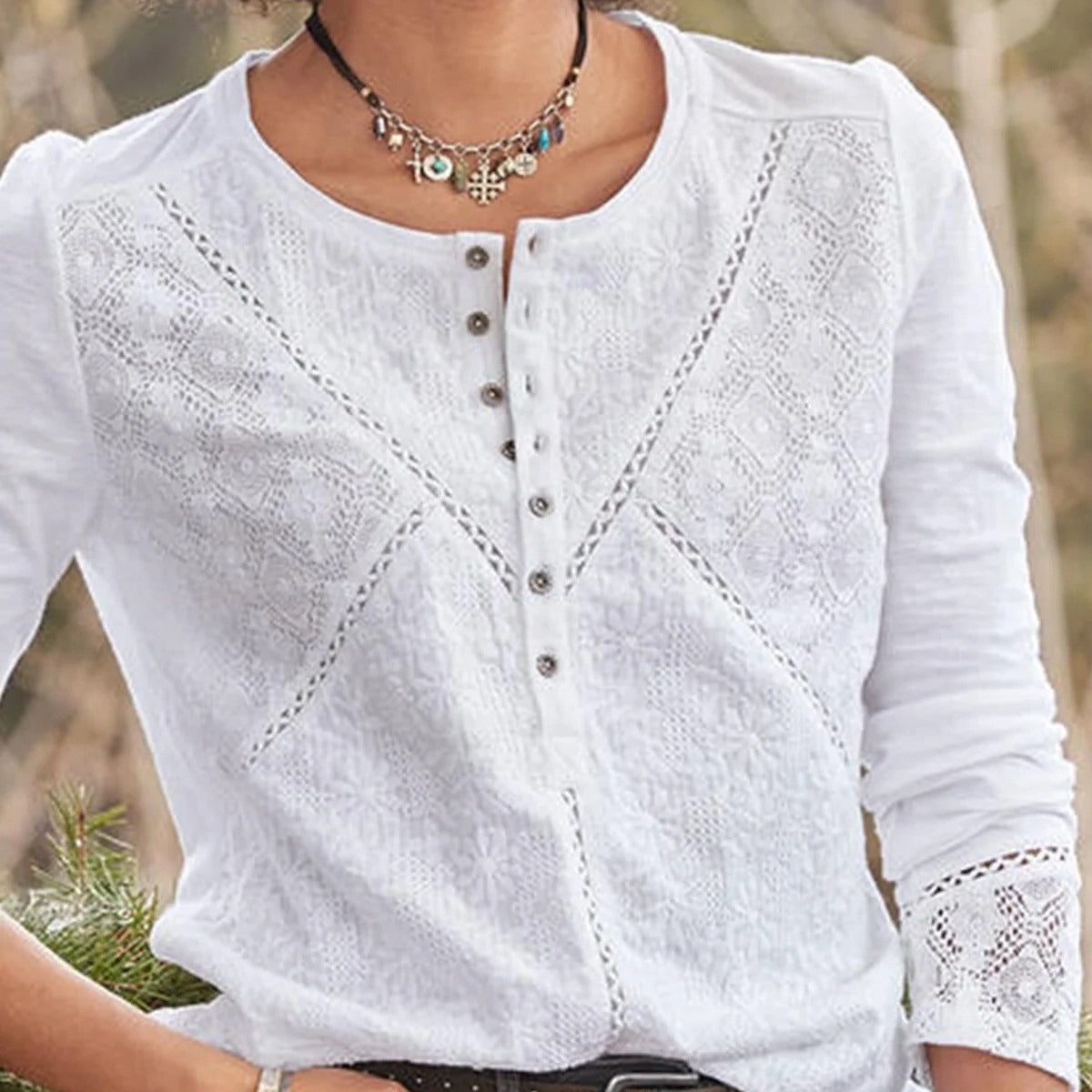 Womens Lace Crew Neck Long Sleeve Shirt with Relaxed Fit