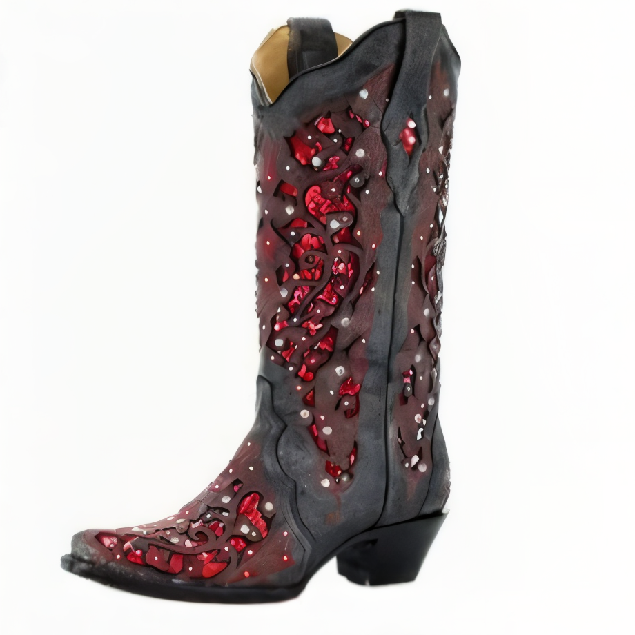 Womens Knee High Boots with Sequined Embroidery and Pointed Toe, Block Heel
