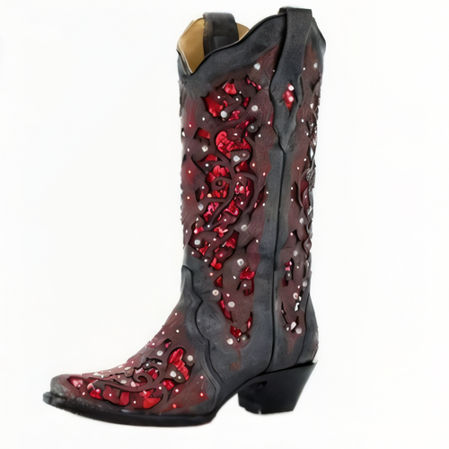 Womens Knee High Boots with Sequined Embroidery and Pointed Toe, Block Heel