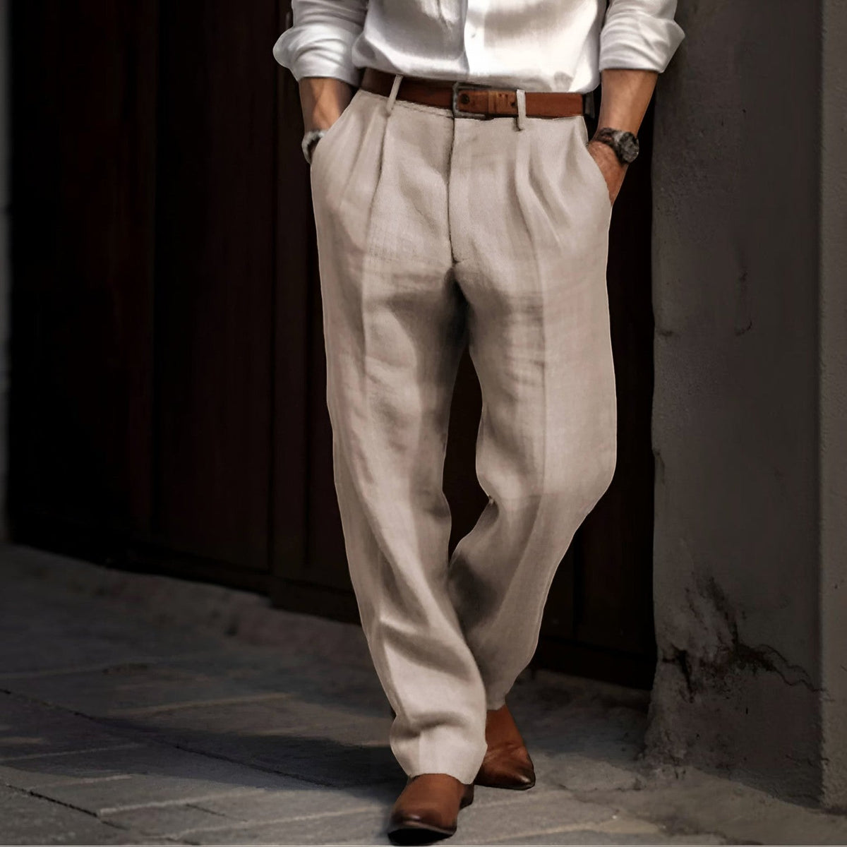 Mens Pleated Cotton Linen Pants with Elastic Waist and Reinforced Seams