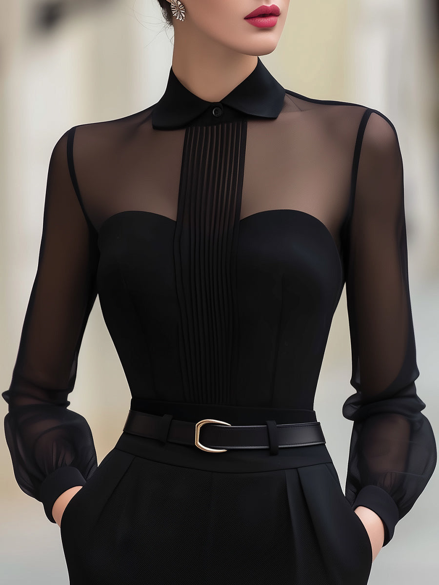 Women's Solid-color Shirt-collar Long-sleeve Loose Casual Top