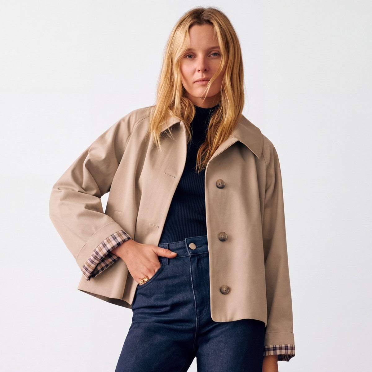 Women's Oversized Short Trench Coat, Button Front Notch Lapel