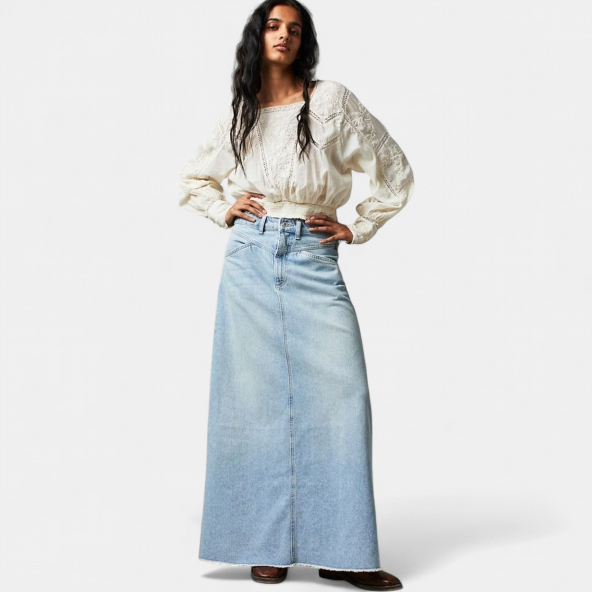 Women's A Line Denim Maxi Skirt, High Waist Raw Frayed Hem
