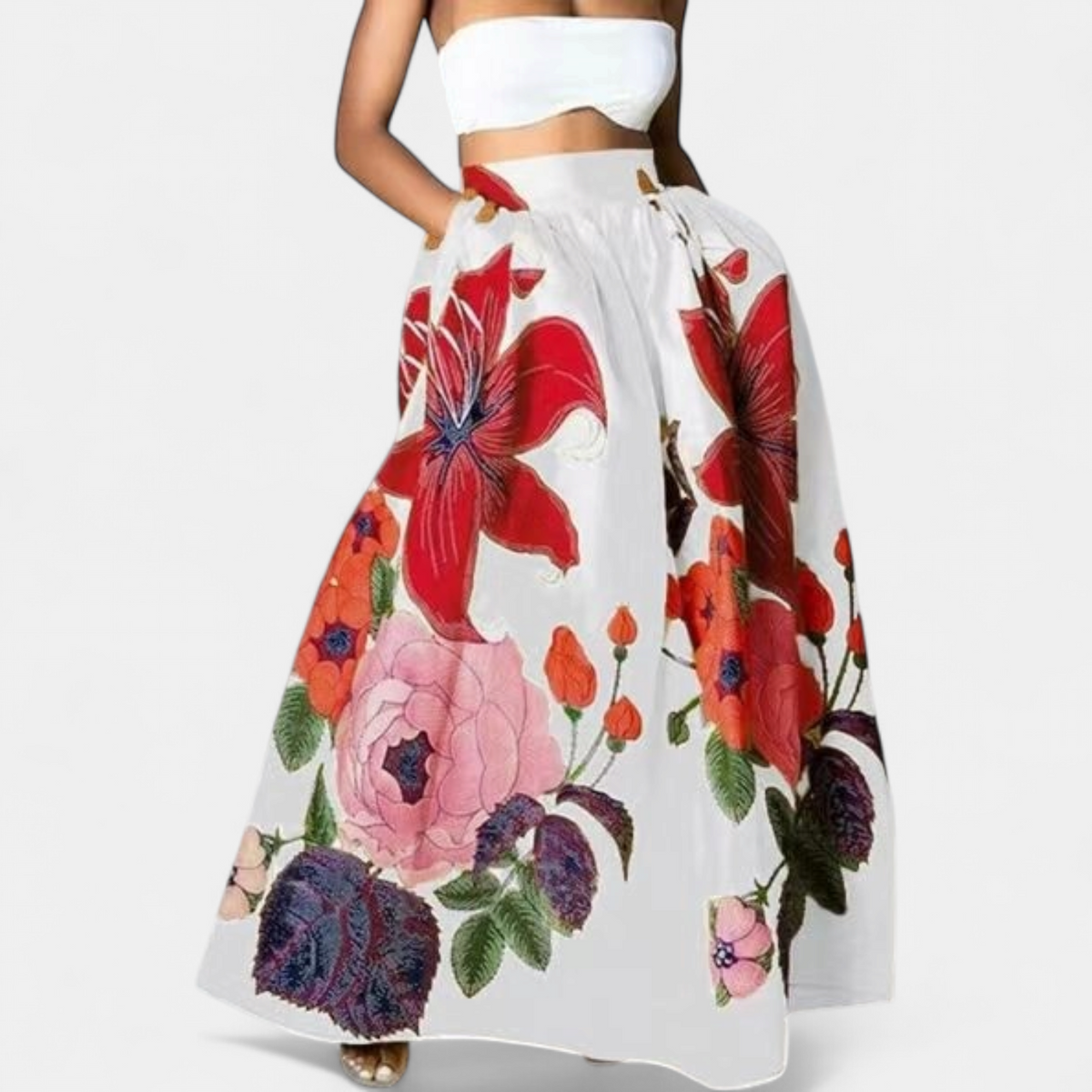 Women's Pleated Floral A Line Maxi Skirt with Pockets