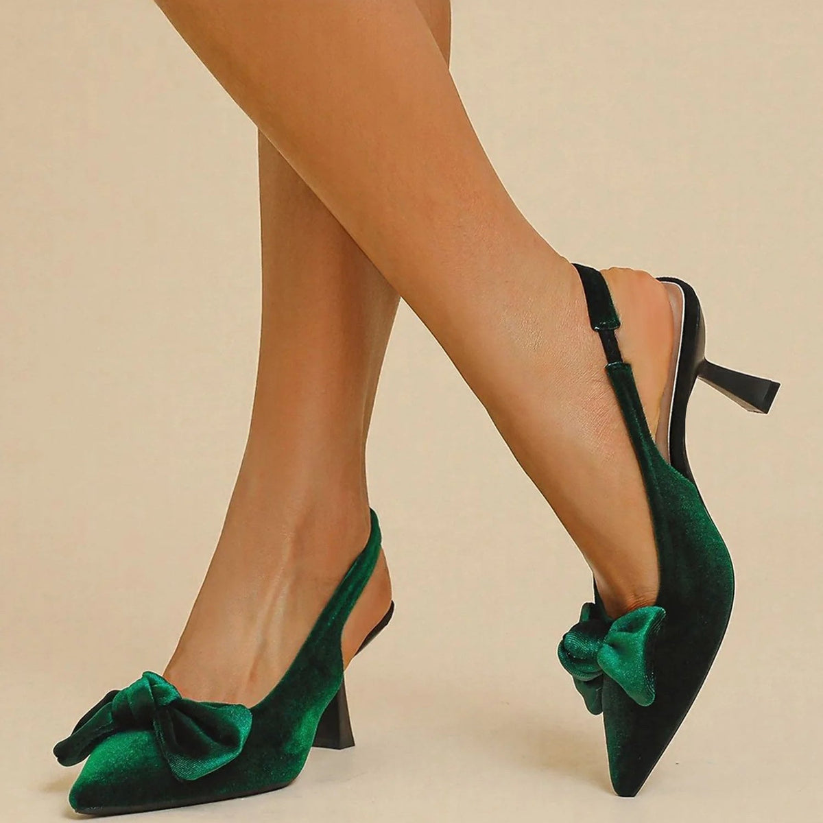 Women's Kitten Heel Slingback Pumps, Pointed Toe Velvet Bow