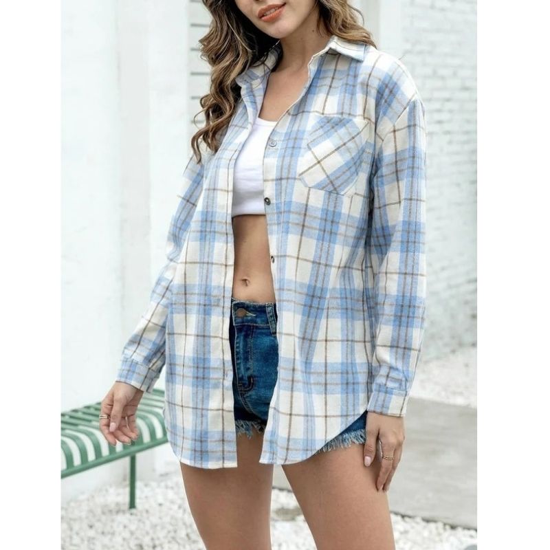 Womens Flannel Plaid Soft Flannel Button Down Shirt, Roll Up Long Sleeve Plaid Blouse