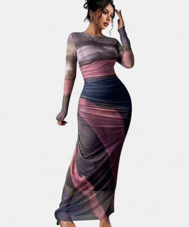 TORINA | Printed Bodycon Long Sleeve Maxi Dress