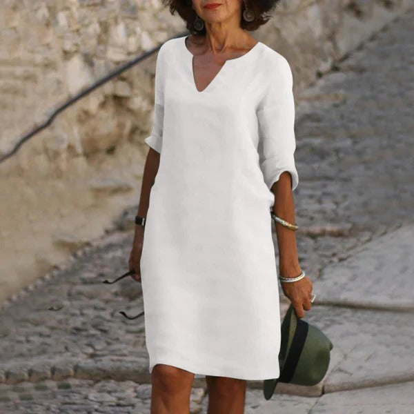 Breathable Cotton Polyester Dress with Relaxed Fit and Three-Quarter Sleeves