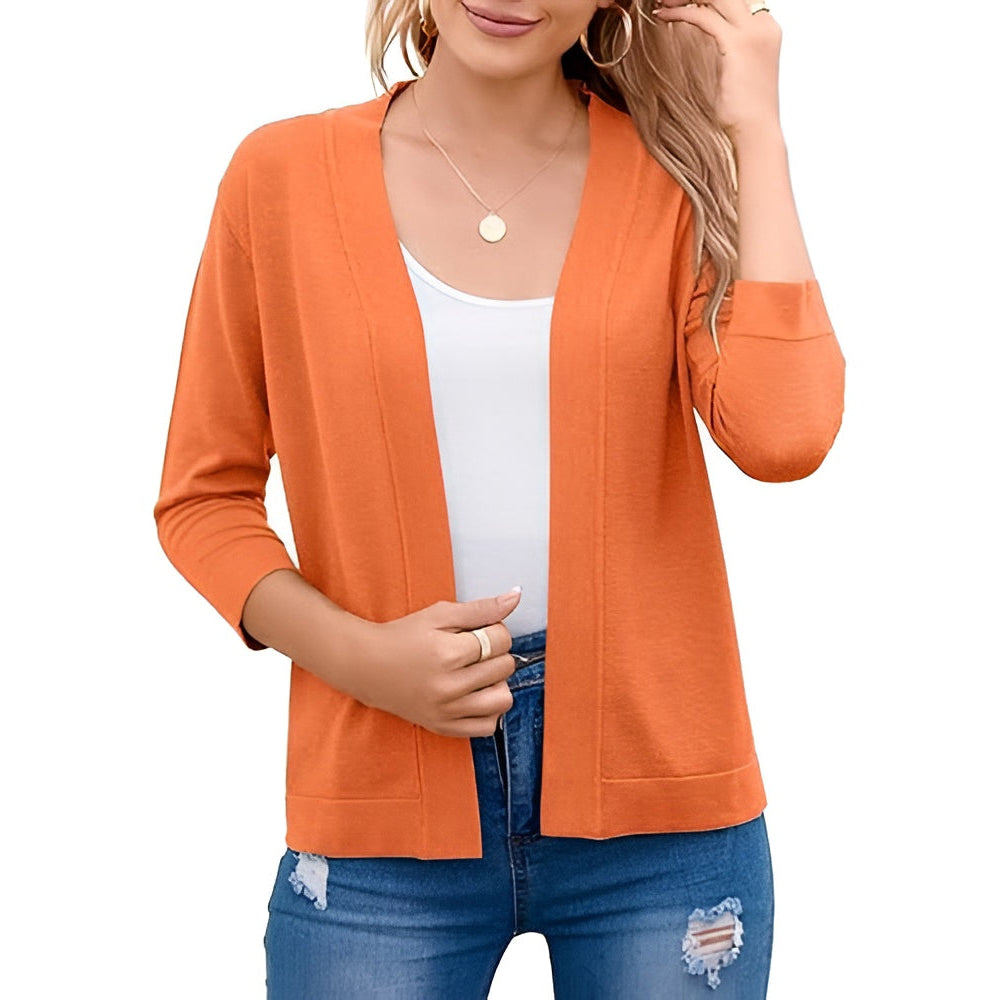 Womens Cropped Cardigan with 3 Quarter Sleeves and Open Front, Viscose Nylon Blend