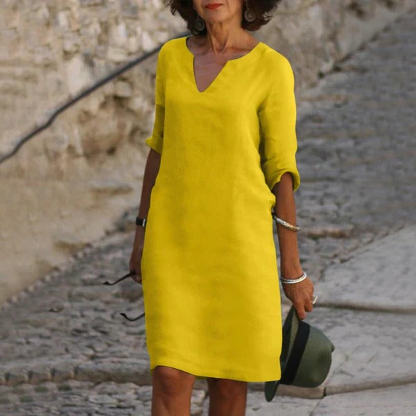 Breathable Cotton Polyester Dress with Relaxed Fit and Three-Quarter Sleeves