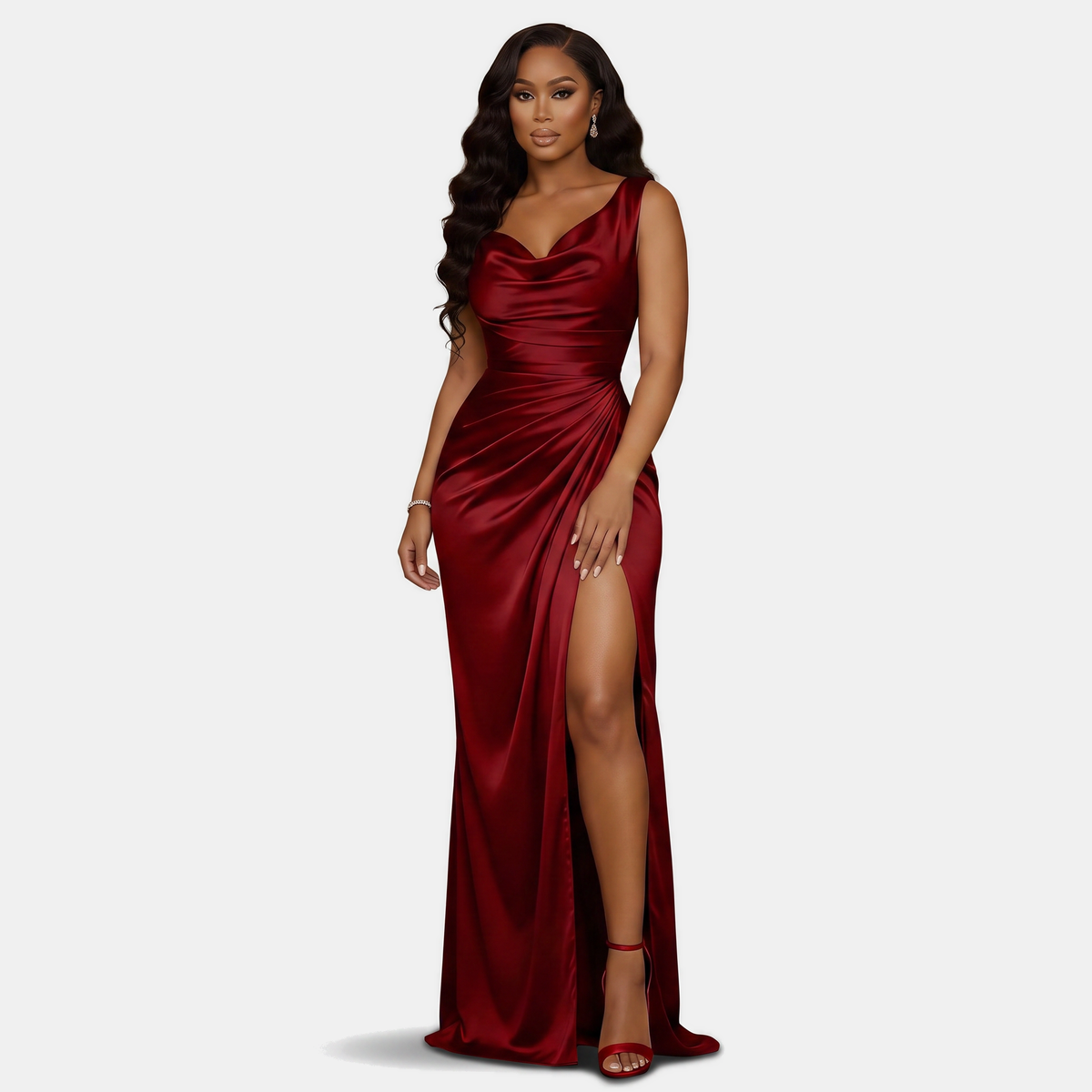 Women's Mermaid Satin Homecoming Dress, Cowl Neck High Slit