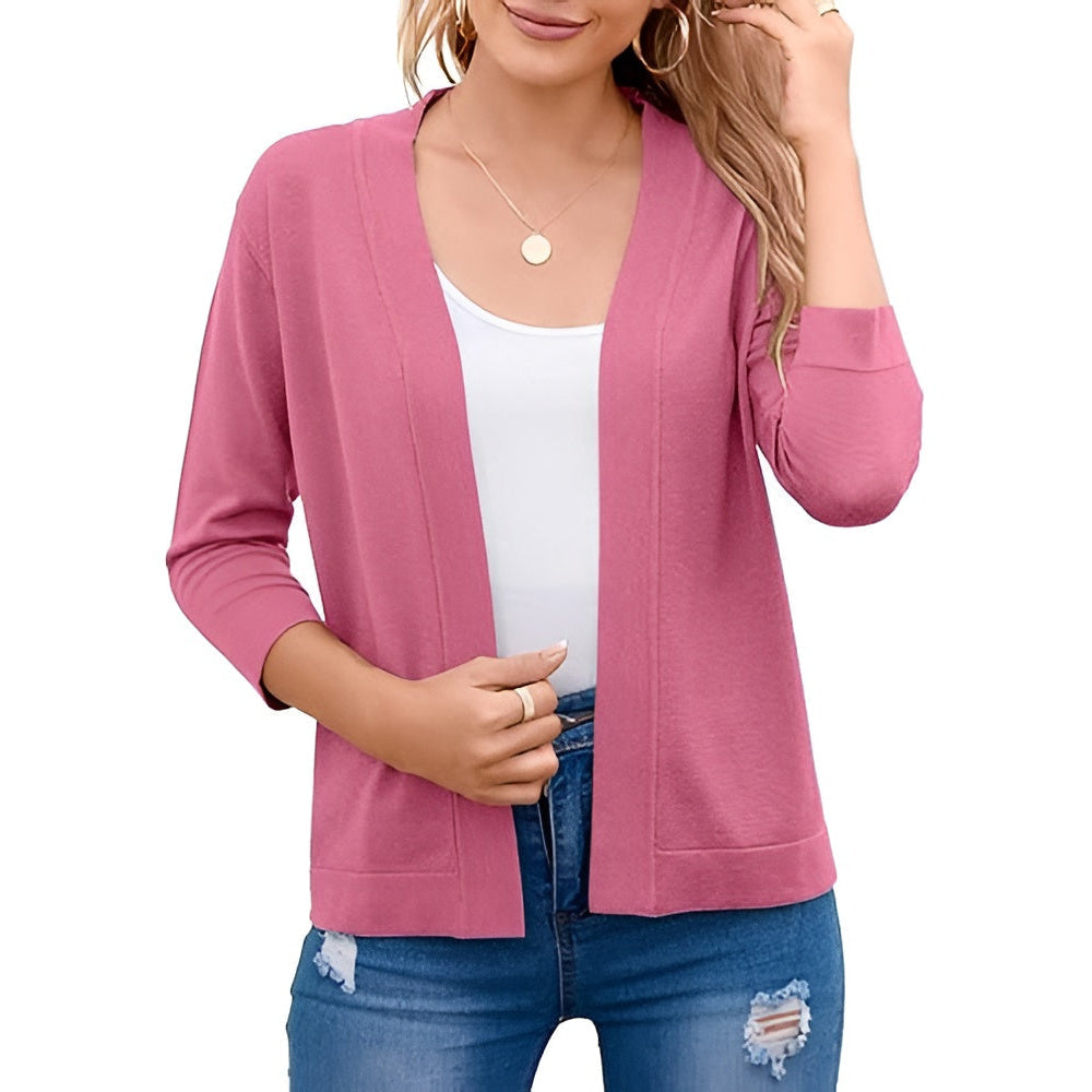 Womens Cropped Cardigan with 3 Quarter Sleeves and Open Front, Viscose Nylon Blend
