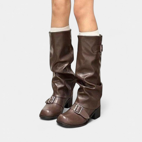 Women's Knee High Slouch Boots, Block Heel Buckle