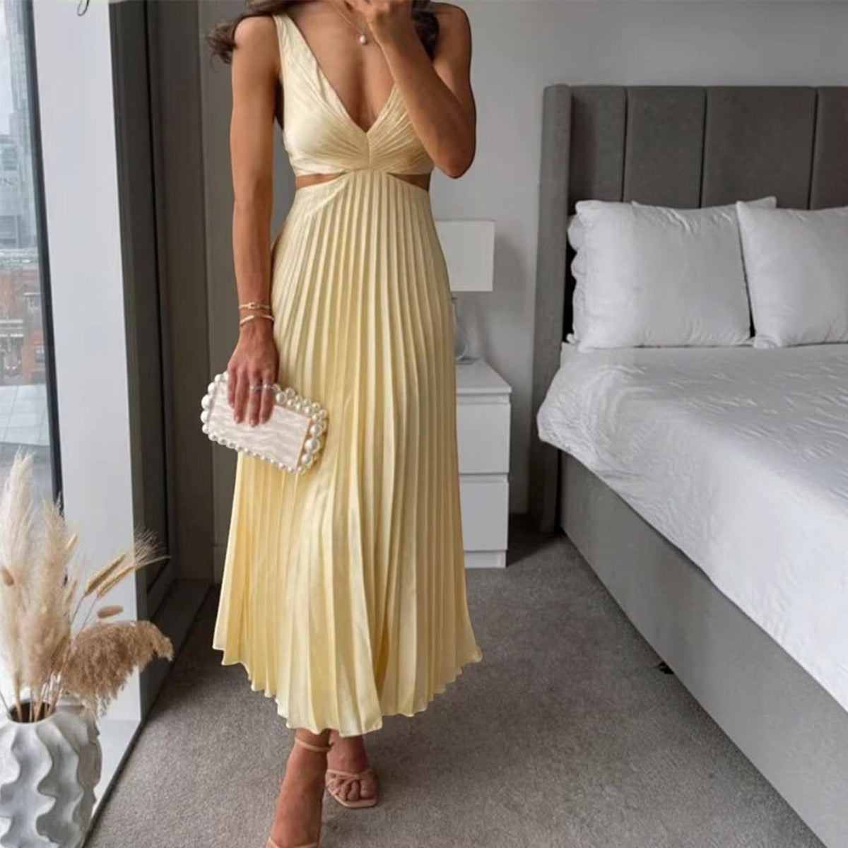Ankle-Length Maxi Dress with Deep V Neckline and Pleated High Waist, Breathable Fabric