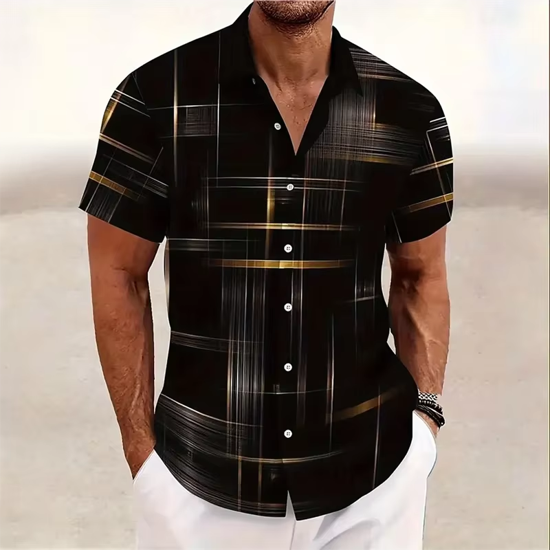 Short Sleeve Button Shirt with 3D Geometric Plaid Pattern and Polyester Blend