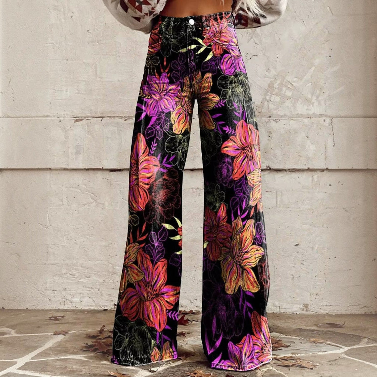 High Waisted Bell Bottom Pants with Floral Print and Stretch Fabric