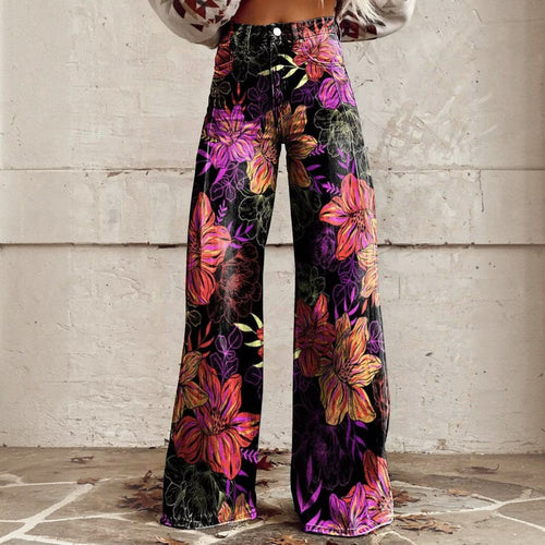 High Waisted Bell Bottom Pants with Floral Print and Stretch Fabric