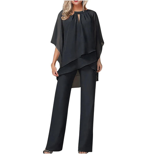 Womens Chiffon Pantsuit with Batwing Sleeves and Shimmer Details, Machine Washable