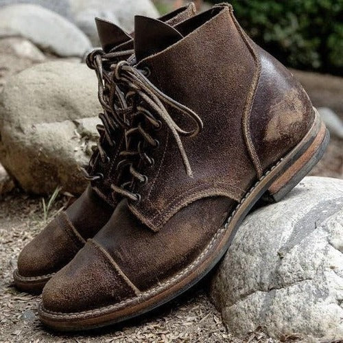 Mens Ankle High Boots with Hook and Loop Straps and Contoured Sole