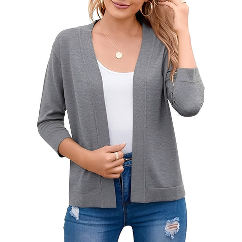 Womens Cropped Cardigan with 3 Quarter Sleeves and Open Front, Viscose Nylon Blend