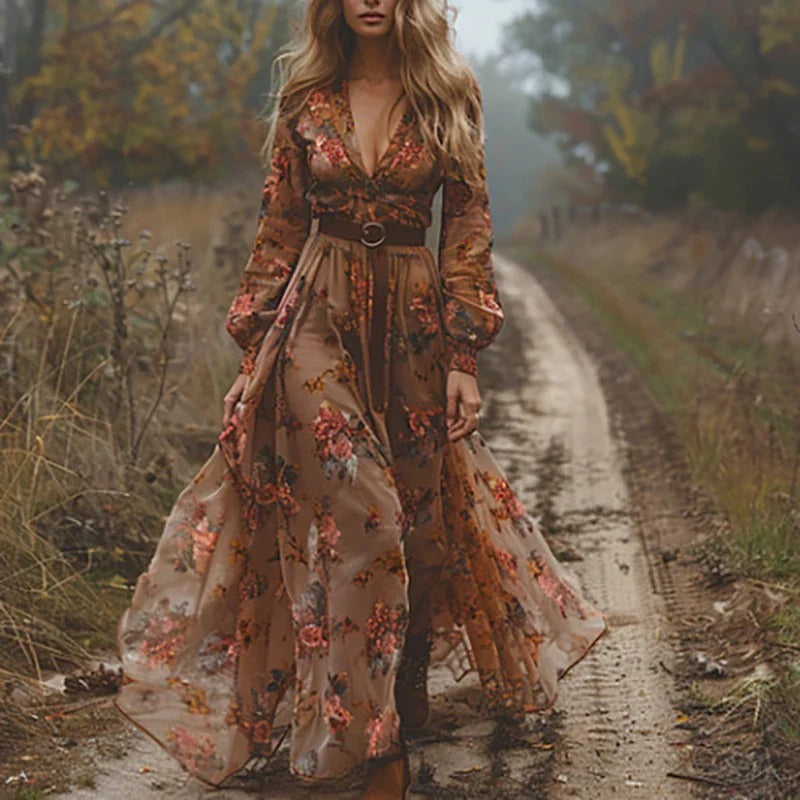 Hand-Embroidered Floral Maxi Dress with Tiered Chiffon and Ruffled Hem