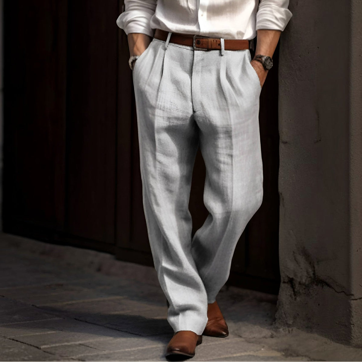 Mens Pleated Cotton Linen Pants with Elastic Waist and Reinforced Seams