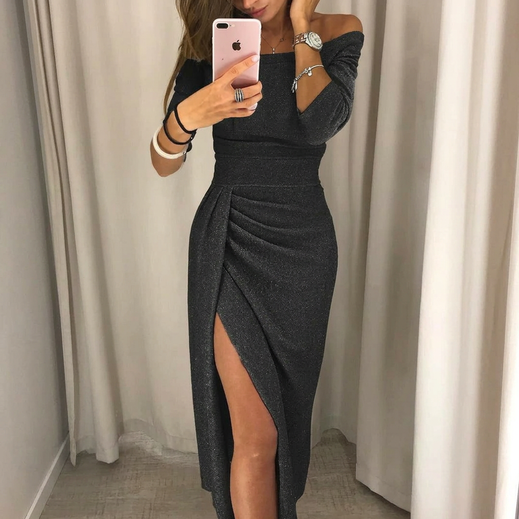 Off-Shoulder Gala Dress with Full-Length Sleeves and Side Slit