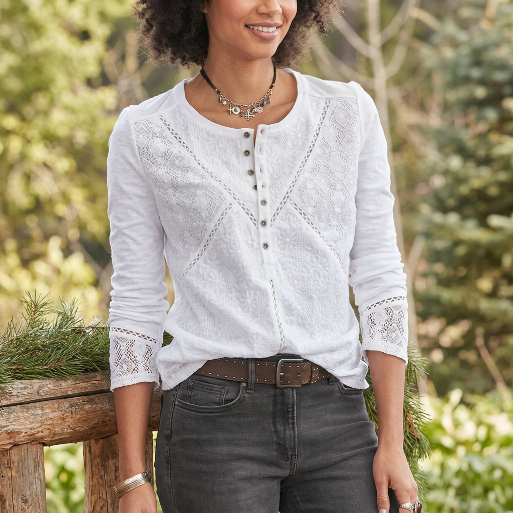 Womens Lace Crew Neck Long Sleeve Shirt with Relaxed Fit