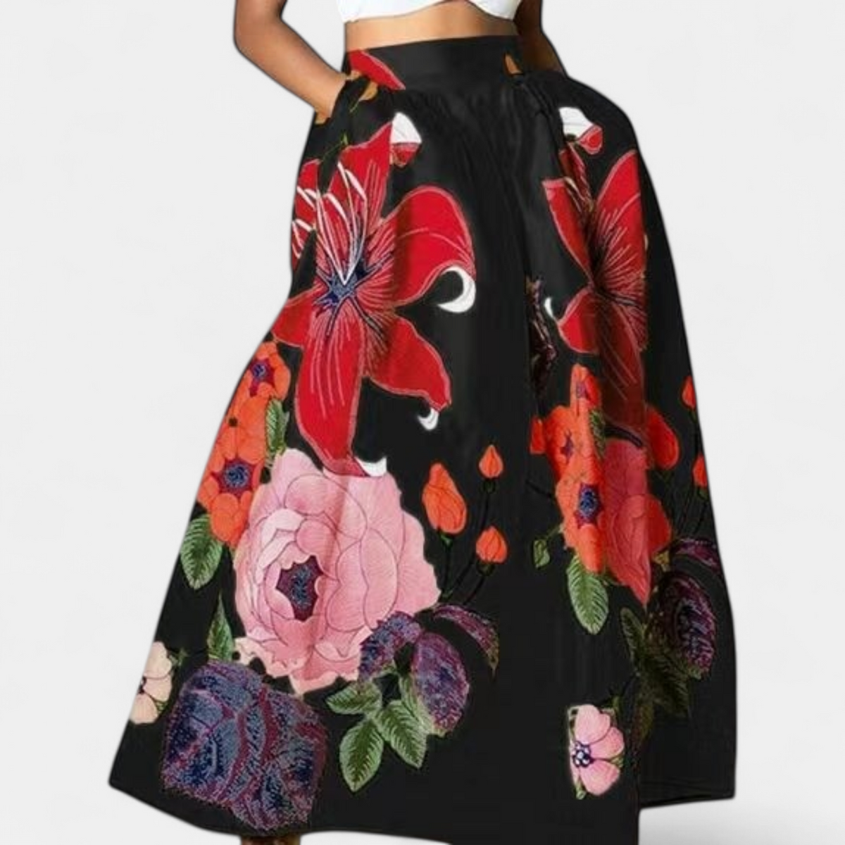 Women's Pleated Floral A Line Maxi Skirt with Pockets