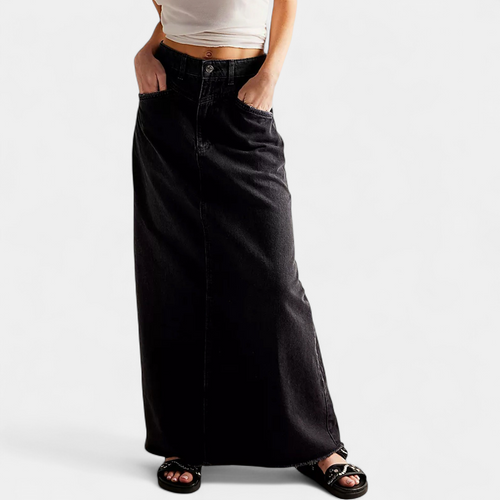Women's A Line Denim Maxi Skirt, High Waist Raw Frayed Hem