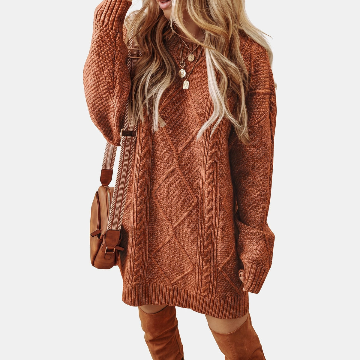 Women's Long Sleeve Oversized Cable Knit Sweater Dress, Crew Neck