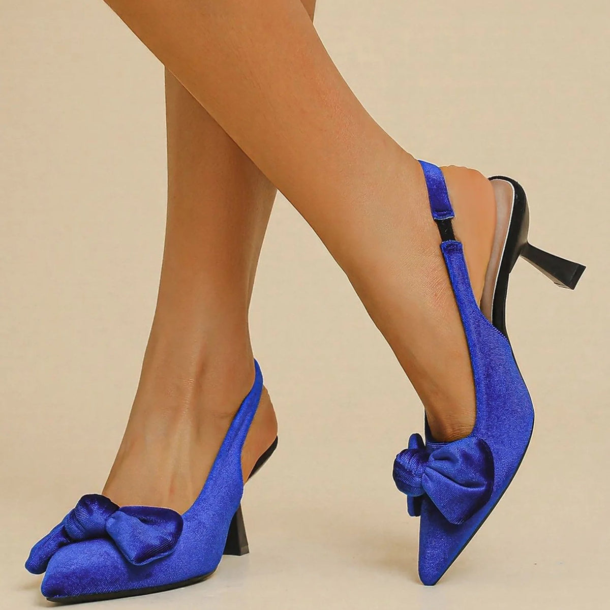 Women's Kitten Heel Slingback Pumps, Pointed Toe Velvet Bow