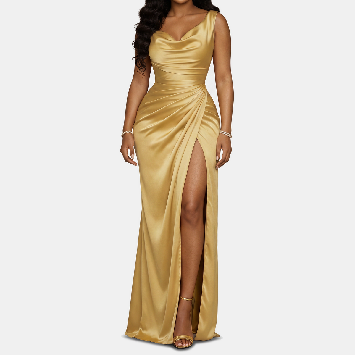 Women's Mermaid Satin Homecoming Dress, Cowl Neck High Slit