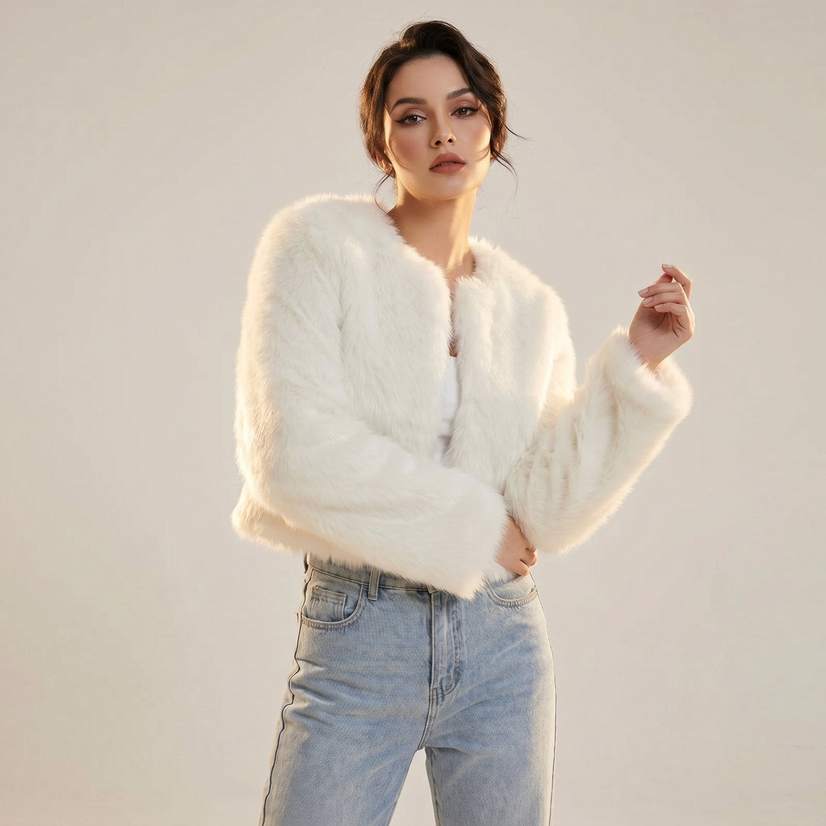 NORA | Women's Fluffy Faux Fur Cropped Jacket