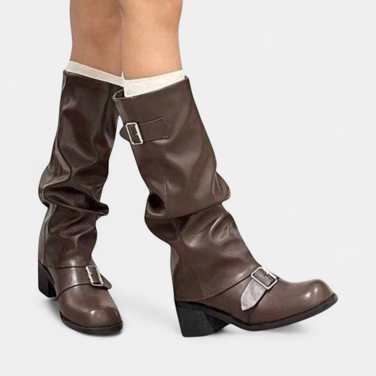 Women's Knee High Slouch Boots, Block Heel Buckle