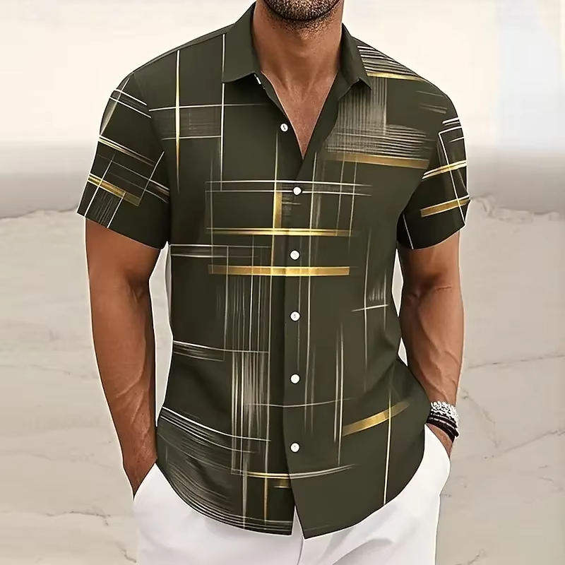 Short Sleeve Button Shirt with 3D Geometric Plaid Pattern and Polyester Blend