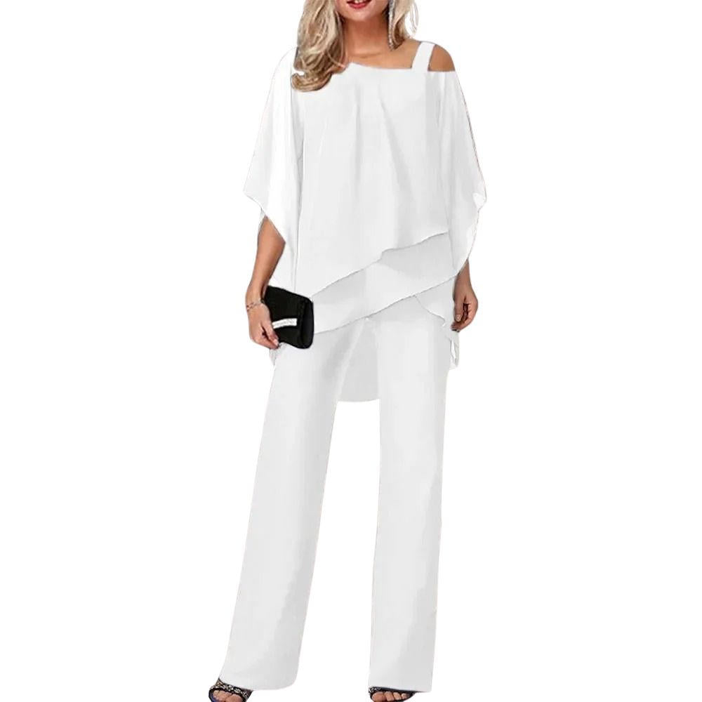 Womens Chiffon Pantsuit with Batwing Sleeves and Shimmer Details, Machine Washable
