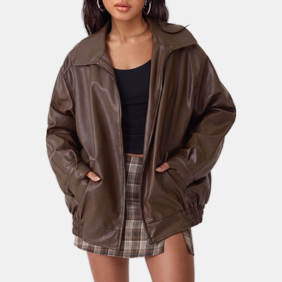 Women's Oversized Leather Bomber Jacket, Zip Front