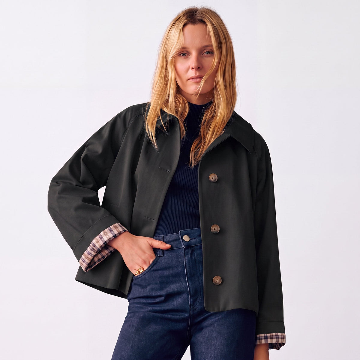 Women's Oversized Short Trench Coat, Button Front Notch Lapel