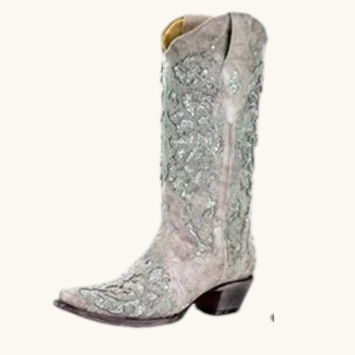 Womens Knee High Boots with Sequined Embroidery and Pointed Toe, Block Heel