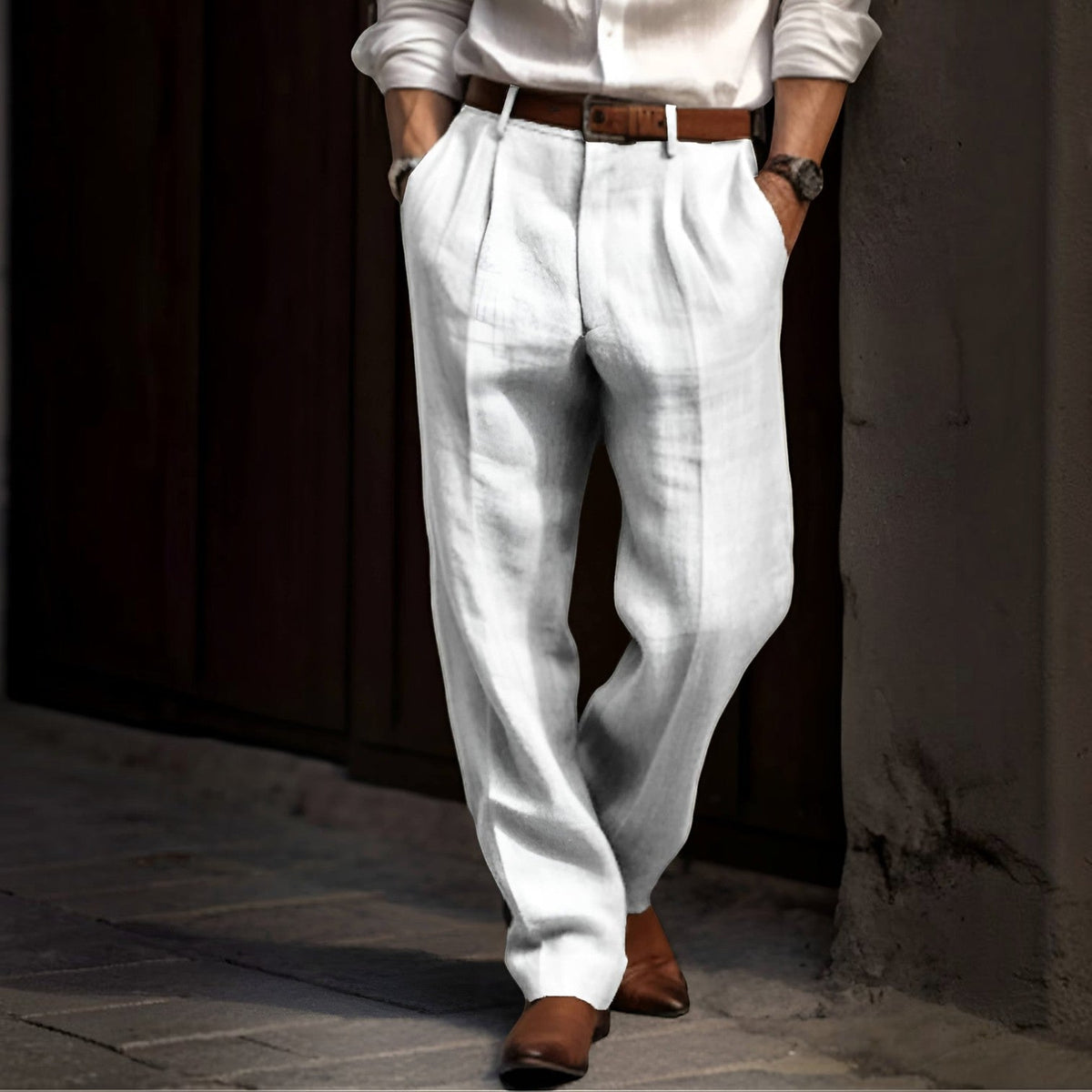 Mens Pleated Cotton Linen Pants with Elastic Waist and Reinforced Seams