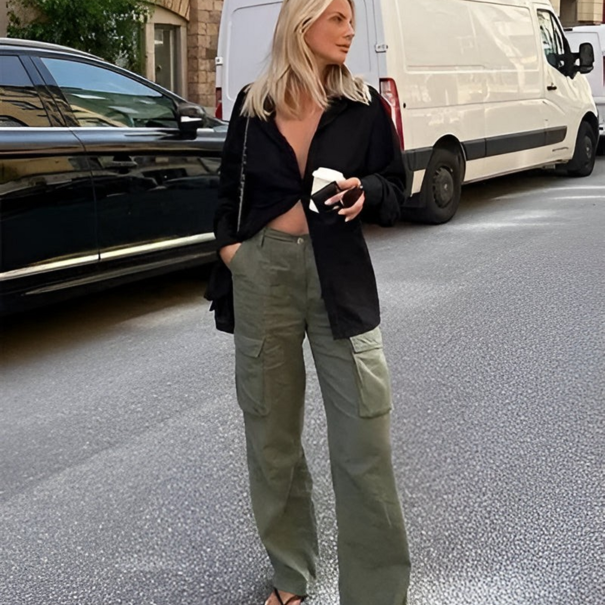 Cotton Blend Cargo Pants with Adjustable Waist Belt and Multiple Pockets