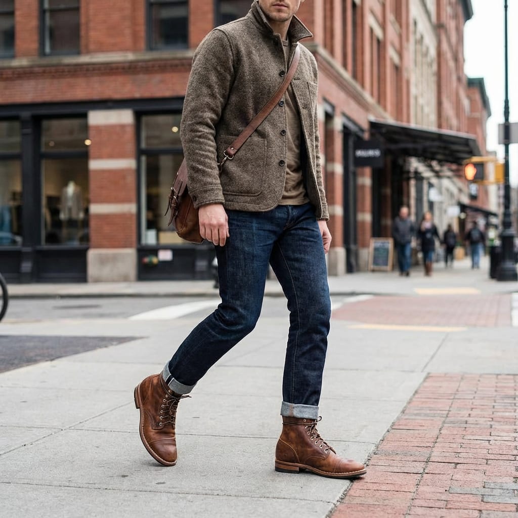 Mens Ankle High Boots with Hook and Loop Straps and Contoured Sole