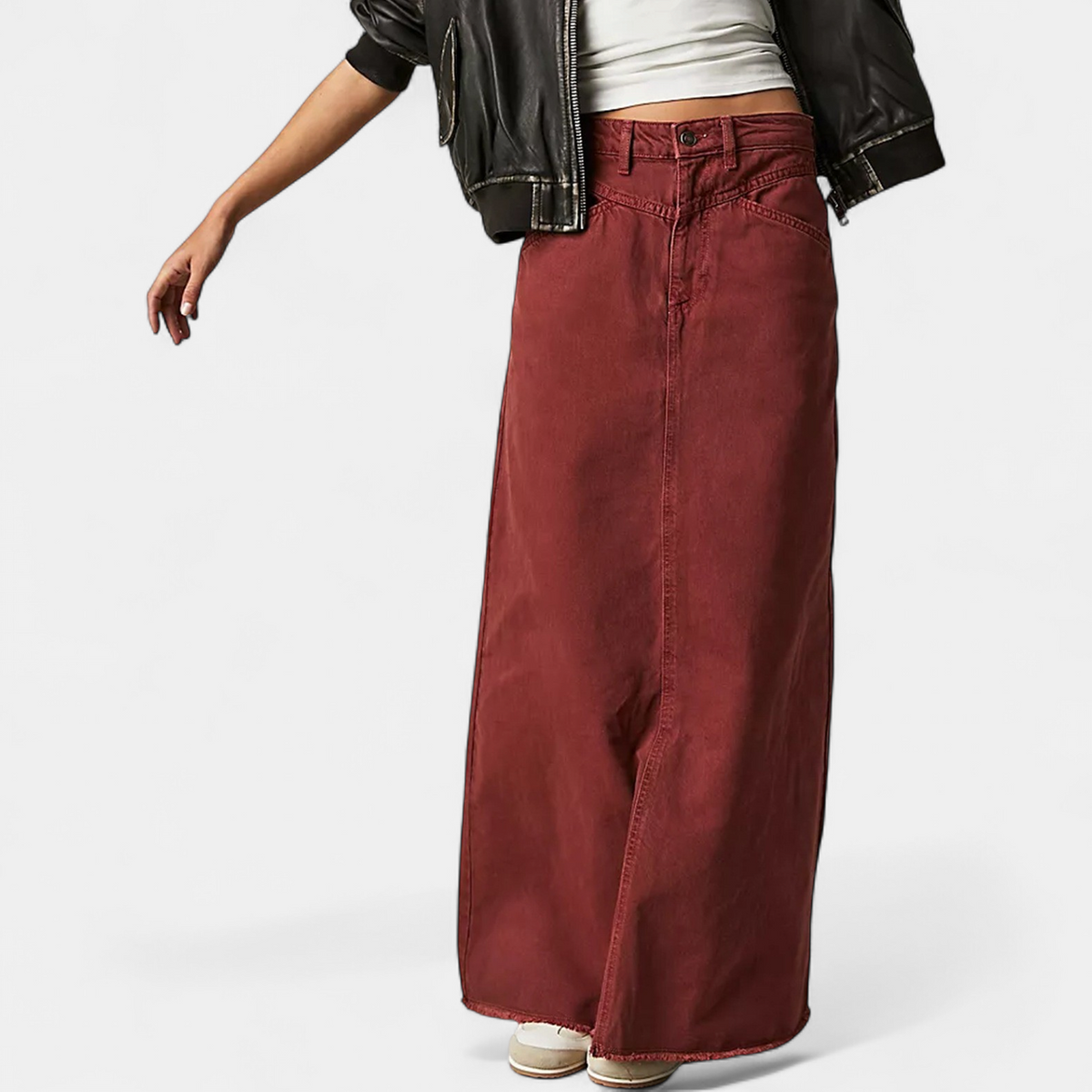 Women's A Line Denim Maxi Skirt, High Waist Raw Frayed Hem